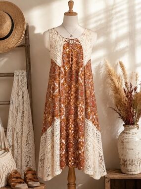 Boho Crochet Panel Maxi Dress in Rust Floral